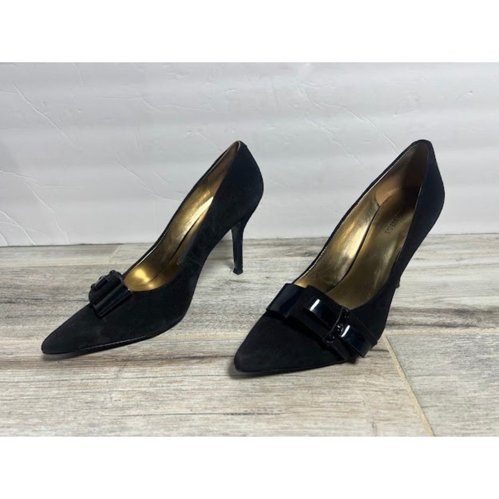Nine West Pumps 7.5M Black Women Dark Academia Suede Pointed Toe Stiletto Bow